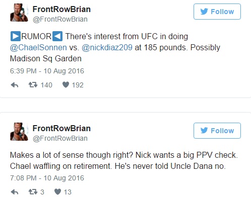Tweets de "Front Row Brian" com o rumor de que Sonnen encararia Diaz pelo UFC 205 nos pesos-médios (Foto: Twitter @FrontRowBrian)