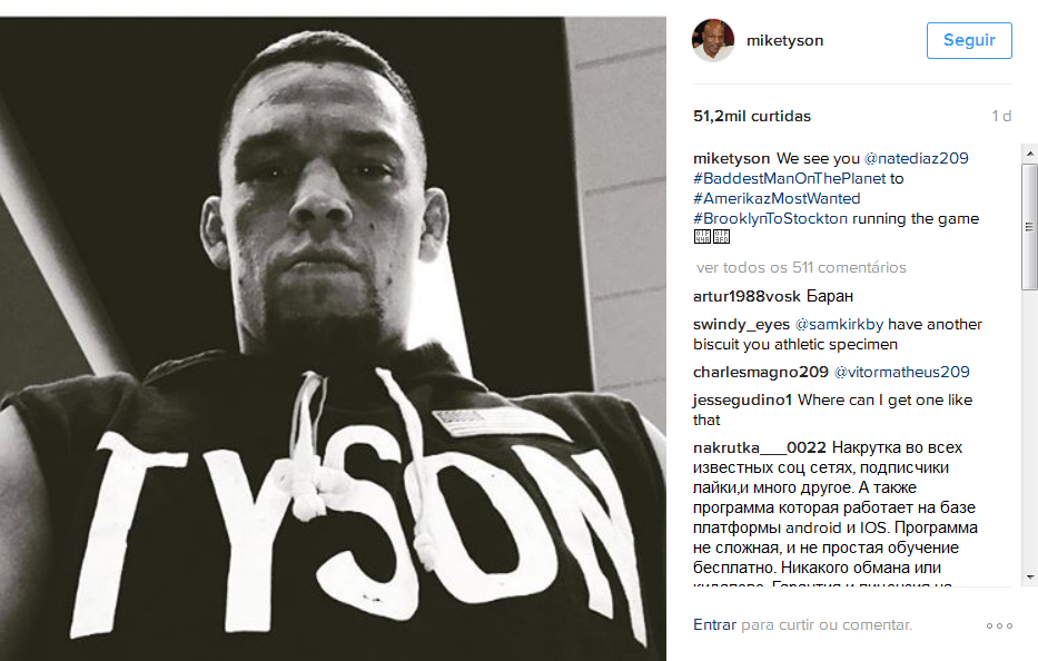 Mike Tyson elogia o lutador Nate Diaz em sua conta no Twitter (Fonte: MMA Space).