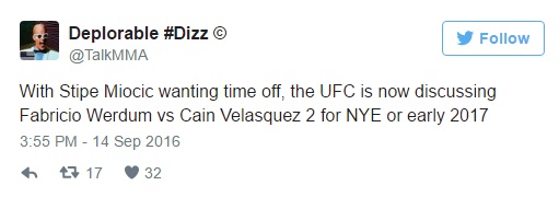 Tweet de @TalkMMA divulgando planos do UFC para a revanche de Fabrício Werdum e Caín Velasquez (Foto: Twitter @TalkMMA)