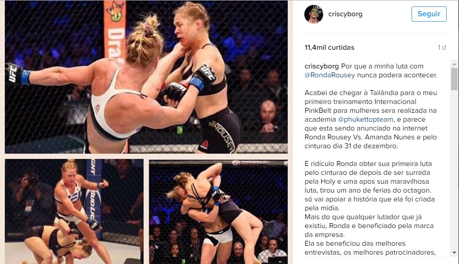 Instagram oficial da Cris Cyborg com a postagem sobre o por quê sua luta contra Ronda Rousey poder jamais acontecer. (Foto: Instagram - @CrisCyborg)