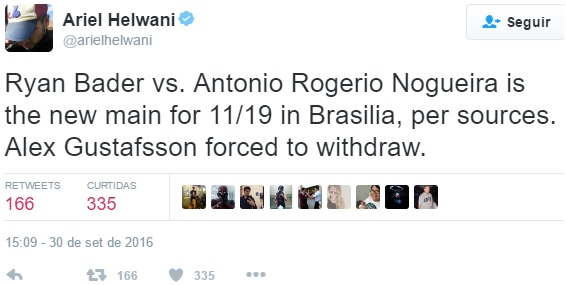 Tweet de Ariel Helwani sobre o UFC Fight Night 100. Helwani escreveu que o evento seria em Brasília, mas será em São Paulo (Foto: Twitter @ArielHelwani)