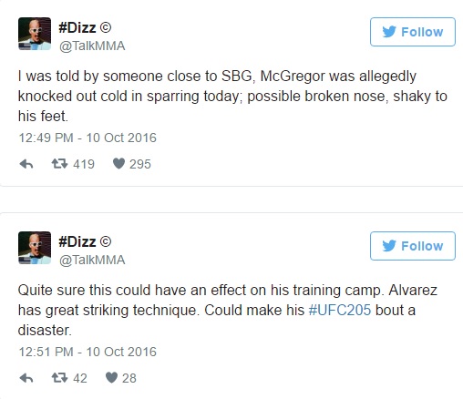 Tweet do "insider" 'Dizz' [@TalkMMA] reportando o suposto nocaute sofrido por McGregor (Foto: Twitter @TalkMMA)