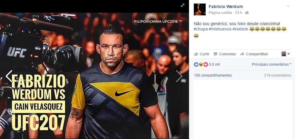 Fabrício Werdum: "Não sou genérico, sou Nike desde criancinha". (Foto: Facebook @FabricioWerdumOficial)