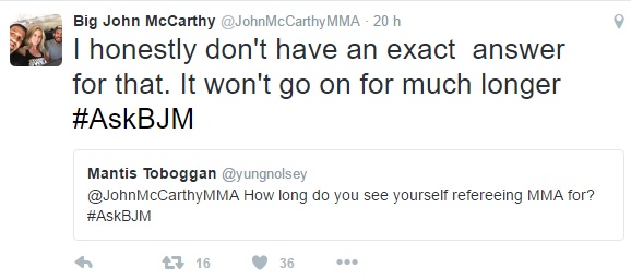 Tweet de John McCarthy sobre seu futuro como árbitro. (Foto: Twitter @JohnMcCarthyMMA)