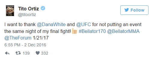 Tweet de Tito Ortiz "agradecendo" o UFC e Dana White por não realizarem eventos no mesmo dia de seu último combate. (Foto: Twitter @TitoOrtiz)