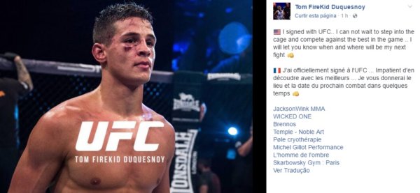 Confirmação de Tom Duquesnoy em sua página no Facebook, de que foi contratado pelo UFC. (Foto: Facebook @TomFireKid)
