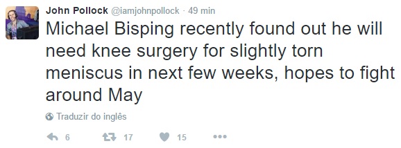 Tweet de John Pollock informando sobre a lesão de Bisping (Foto: Twitter @IAmJohnPollock)