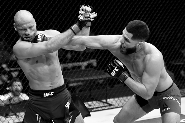 DENVER, CO - JANUARY 28:  (R-L) Jorge Masvidal punches Donald Cerrone in their welterweight bout during the UFC Fight Night event at the Pepsi Center on January 28, 2017 in Denver, Colorado. (Photo by Josh Hedges/Zuffa LLC/Zuffa LLC via Getty Images)